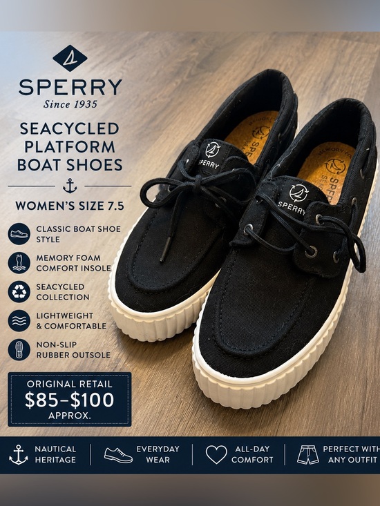 Sperry Shoes - Sperry Seacycled Black Platform Boat Shoes Women’s Size 7.5